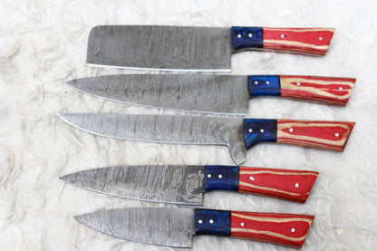 Professional Handmade Damascus Chef Knife Set  5Pc Forged Knives With Leather Roll 3