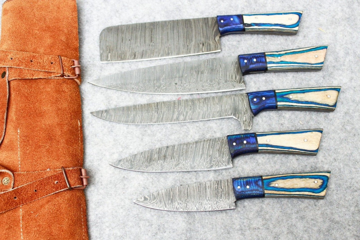 Luxury Damascus Steel 5Pc Chef Knife Collection  Handmade Knives With Leather Cover 2
