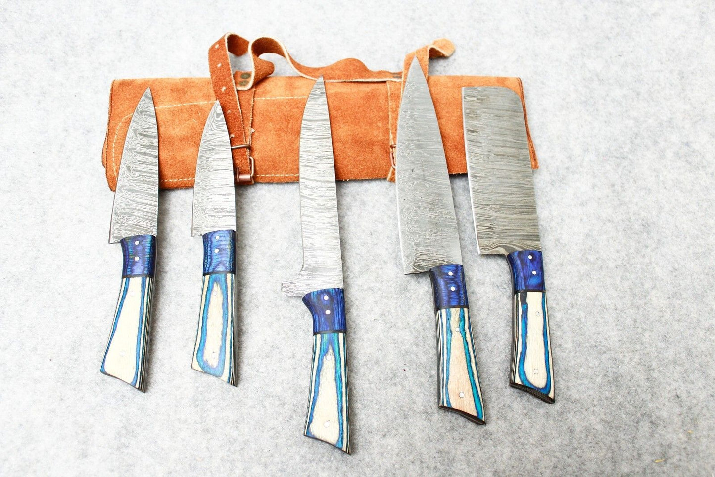Luxury Damascus Steel 5Pc Chef Knife Collection | Handmade Knives with Leather Cover