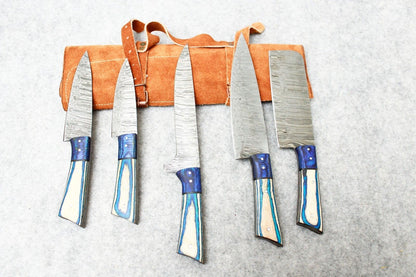Luxury Damascus Steel 5Pc Chef Knife Collection | Handmade Knives with Leather Cover