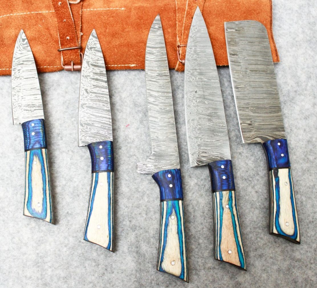 Luxury Damascus Steel 5Pc Chef Knife Collection  Handmade Knives With Leather Cover 3