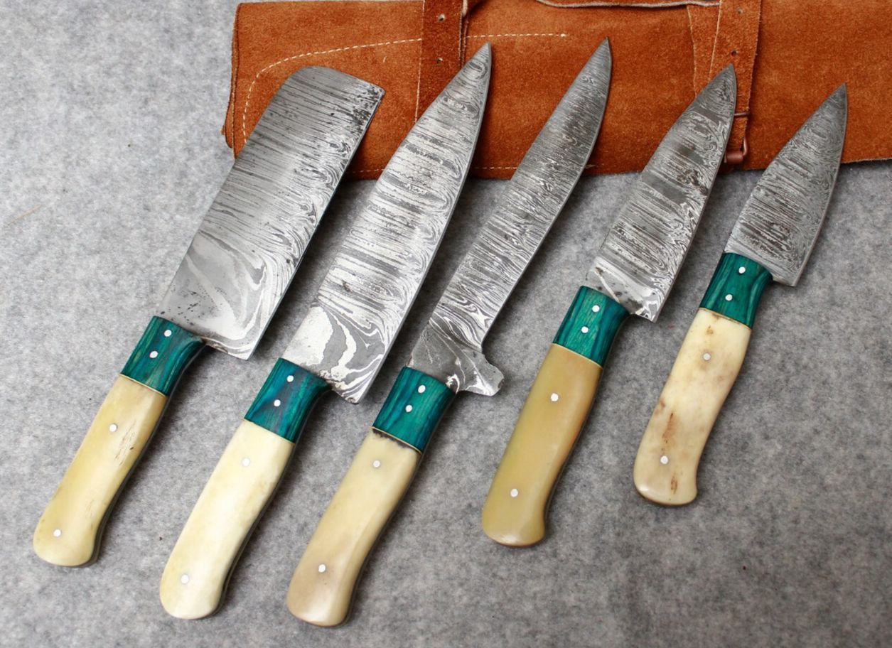 Handcrafted Damascus Steel Chef Knife Set of 5 | Forged Kitchen Knives with Sheath
