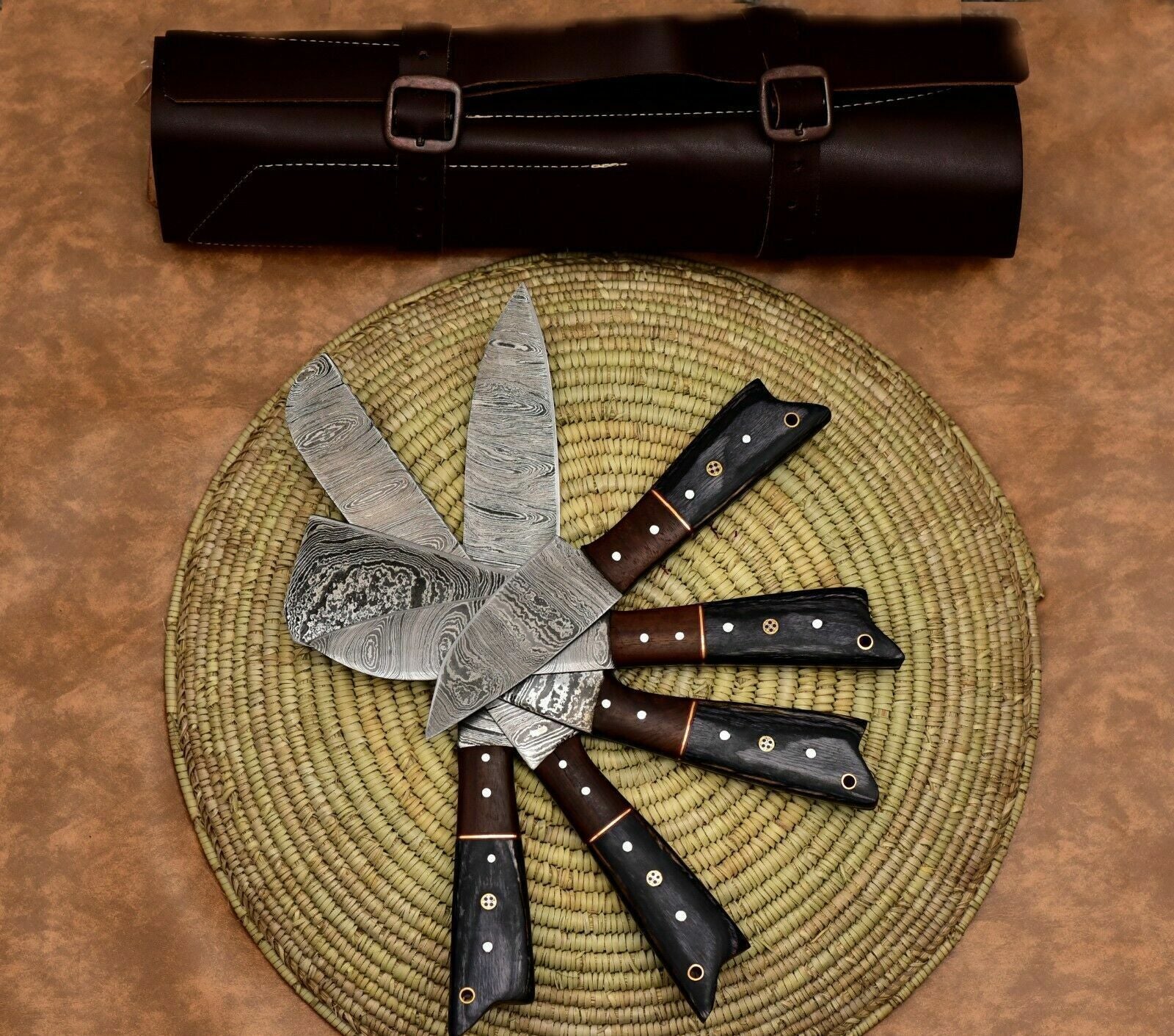 Custom Handmade Damascus Steel 5Pc Knife Set  Forged Chef Knives With Leather Case 1