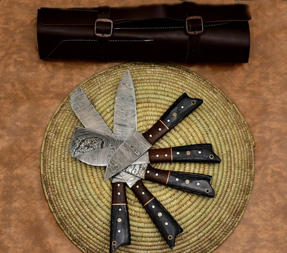 Custom Handmade Damascus Steel 5Pc Knife Set  Forged Chef Knives With Leather Case 1