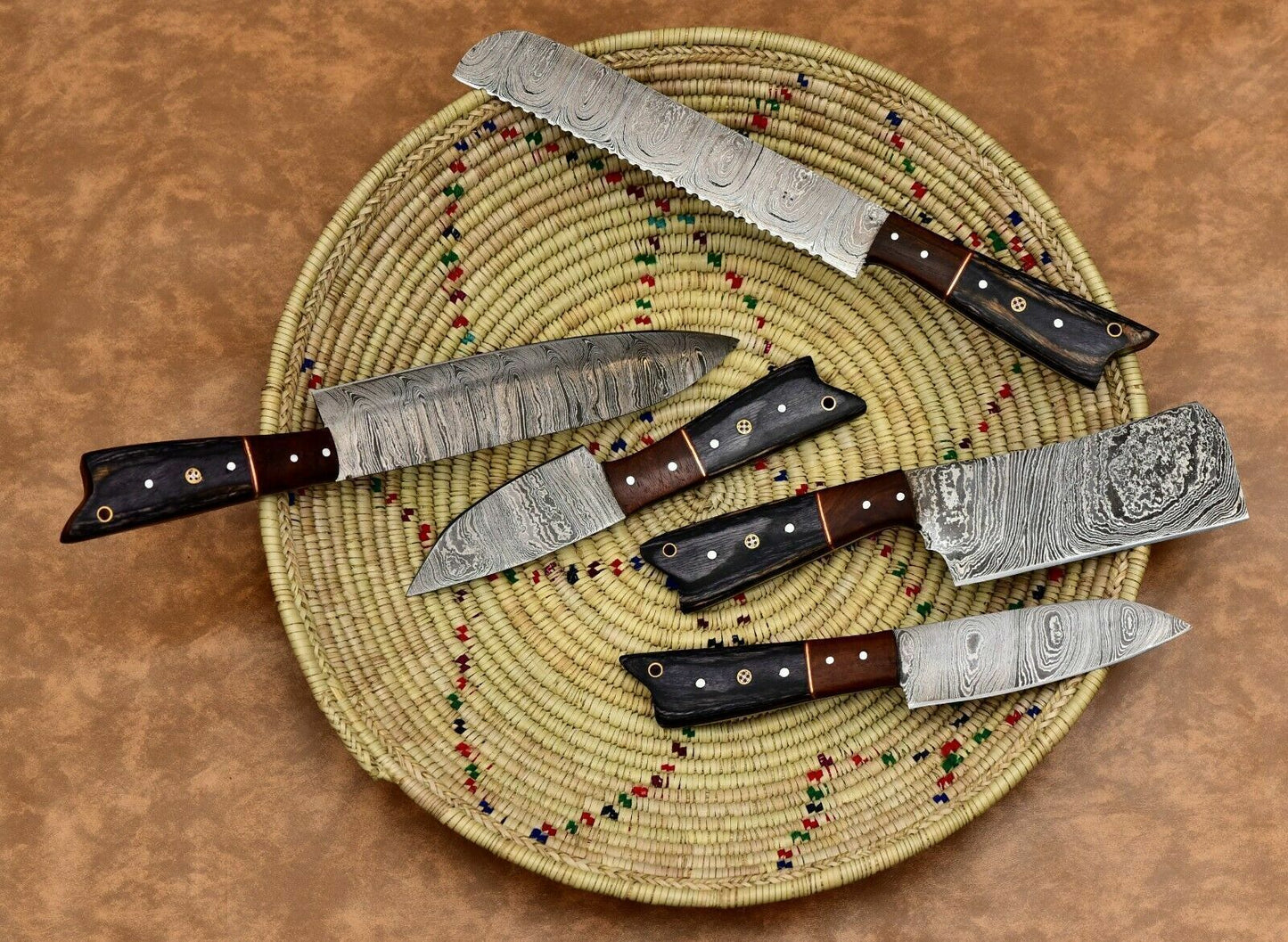 Custom Handmade Damascus Steel 5Pc Knife Set  Forged Chef Knives With Leather Case 2