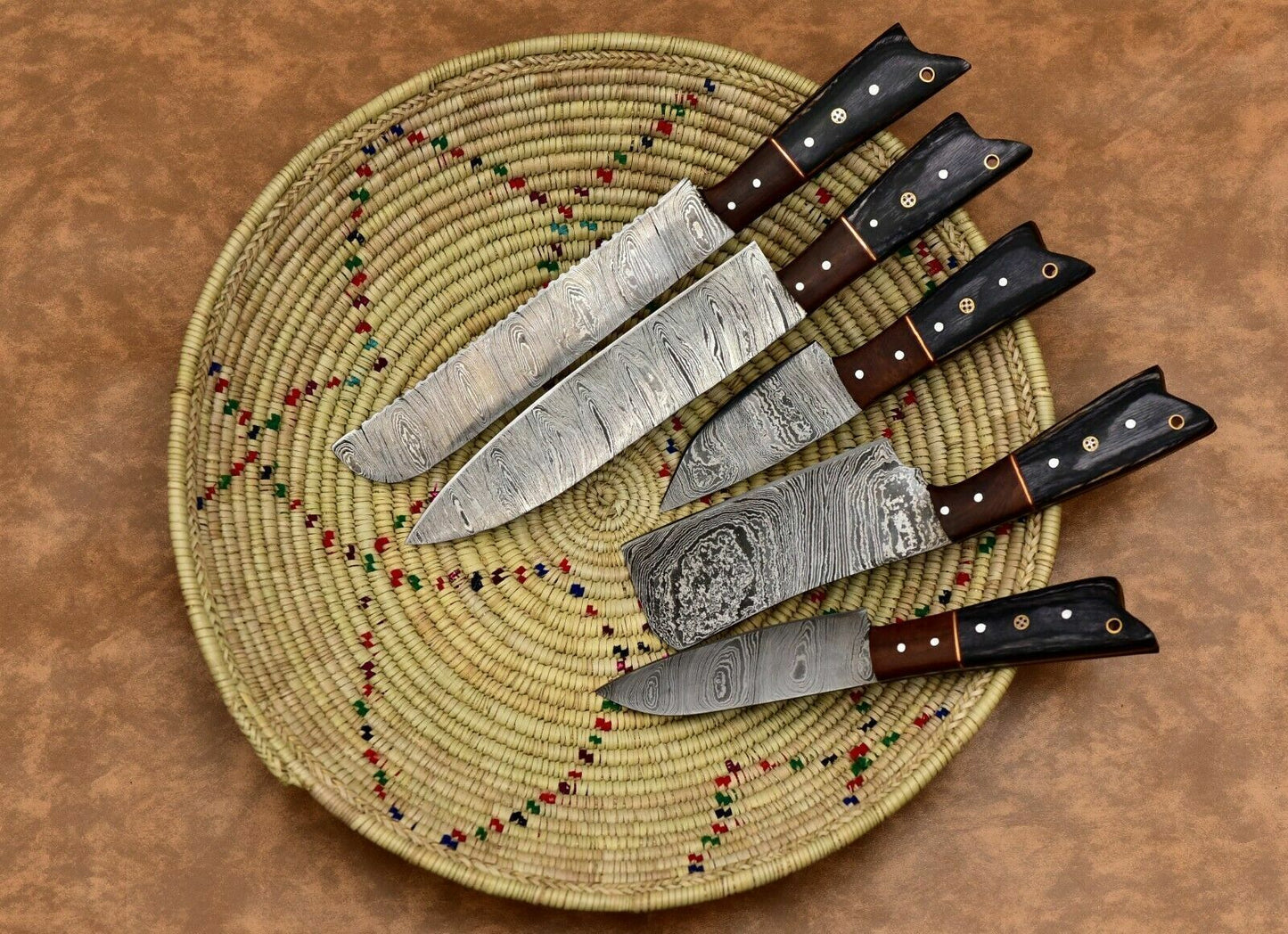 Custom Handmade Damascus Steel 5Pc Knife Set  Forged Chef Knives With Leather Case 3