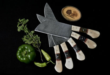 Custom Handmade Damascus Steel Chef Knife Set Of 5  Full Tang Hunting Knives With Leather Sheath 1