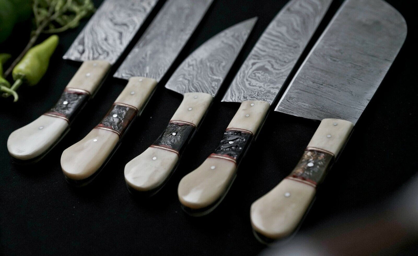 Custom Handmade Damascus Steel Chef Knife Set Of 5  Full Tang Hunting Knives With Leather Sheath 3
