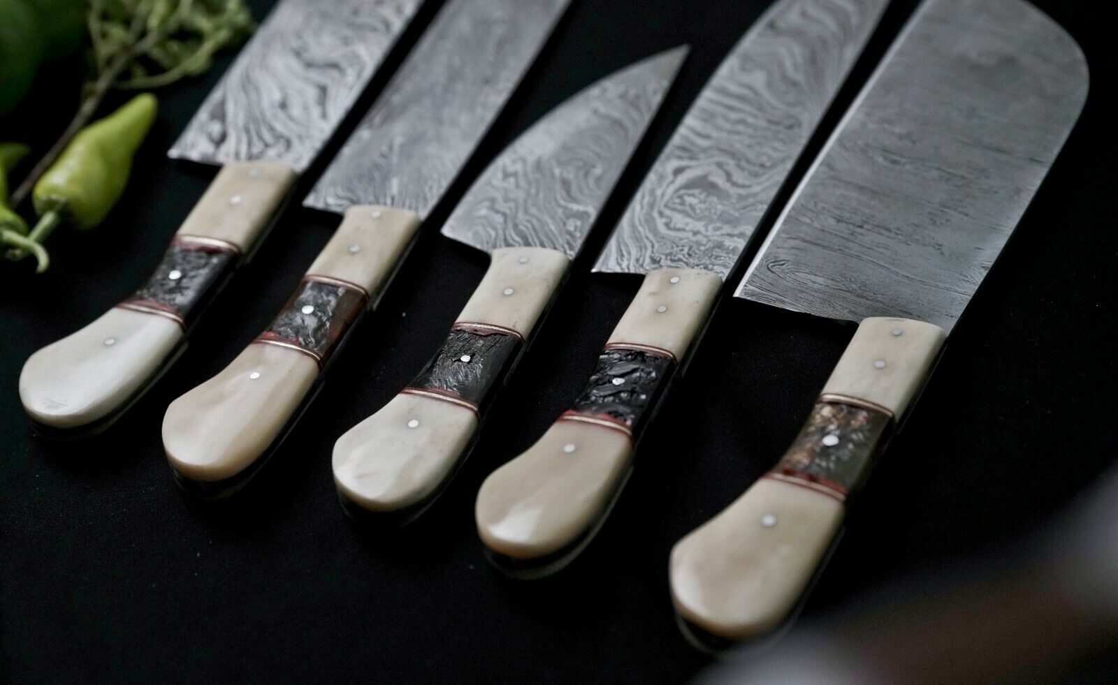 Custom Handmade Damascus Steel Chef Knife Set Of 5  Full Tang Hunting Knives With Leather Sheath 3