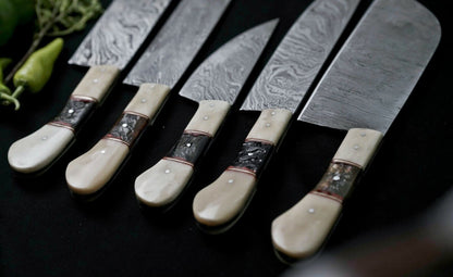 Custom Handmade Damascus Steel Chef Knife Set Of 5  Full Tang Hunting Knives With Leather Sheath 3