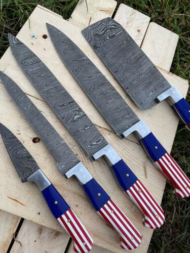 Handmade Damascus Steel Chef Knife Kitchen Set  American Flag Handle  Custom Forged Knives 1