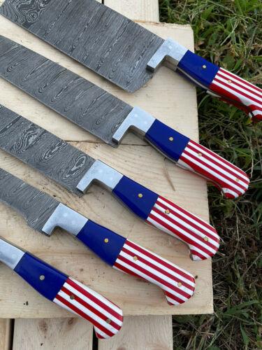 Handmade Damascus Steel Chef Knife Kitchen Set  American Flag Handle  Custom Forged Knives 4