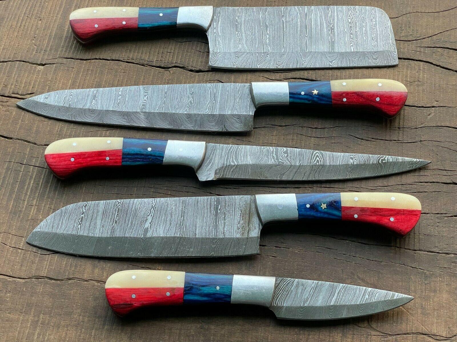 5Piece Handmade Damascus Steel Chef Knife Set  Custom Kitchen Knives  Forged Full Tang Blades 1