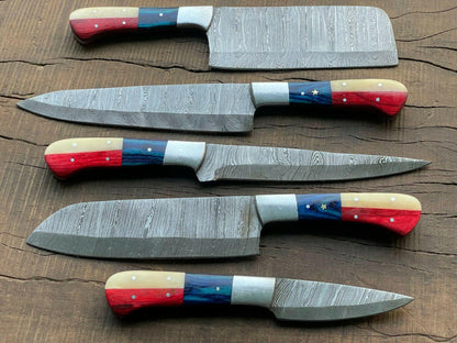 5Piece Handmade Damascus Steel Chef Knife Set  Custom Kitchen Knives  Forged Full Tang Blades 1