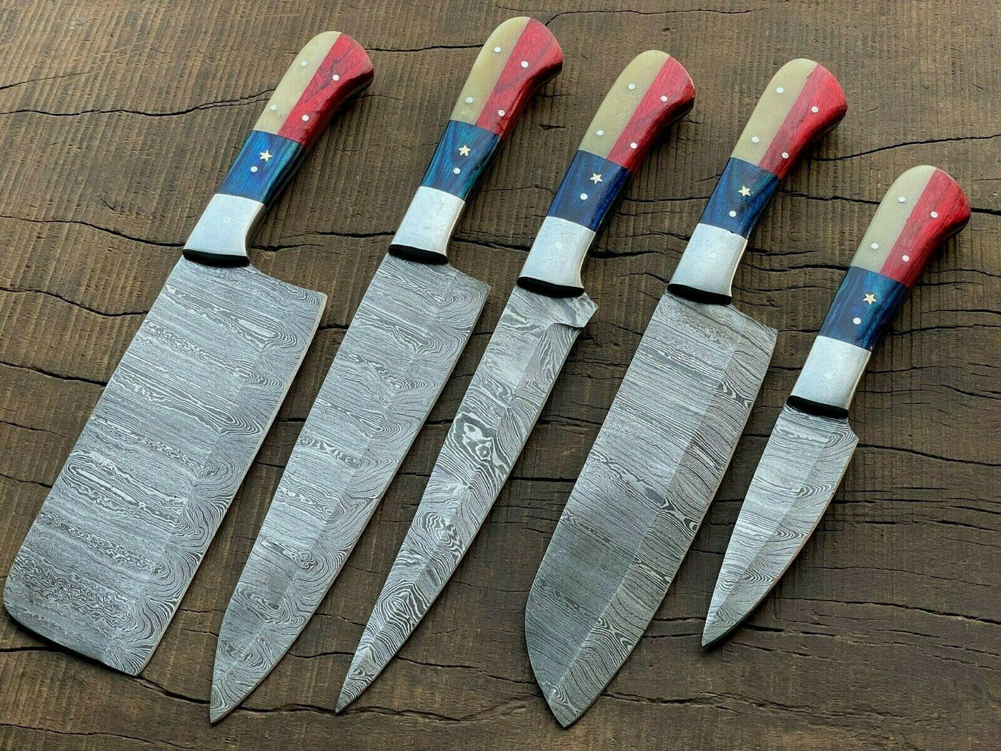 5-Piece Handmade Damascus Steel Chef Knife Set | Custom Kitchen Knives | Forged Full Tang Blades