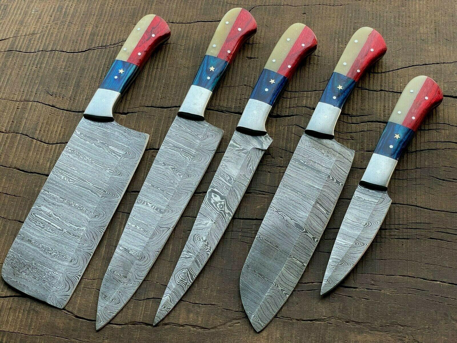 5-Piece Handmade Damascus Steel Chef Knife Set | Custom Kitchen Knives | Forged Full Tang Blades