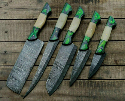 Professional Handmade Damascus Steel Chef Knives Set | 5Pc Full Tang Kitchen Collection