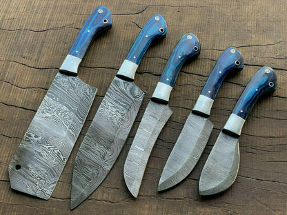 Handmade Damascus Steel 5-Piece Chef Knife Set | Custom Forged Kitchen Knives