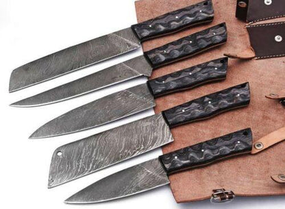 Hand Forged Damascus Steel Chef Knife Set of 5 | Custom Kitchen Knives with Wooden Handle