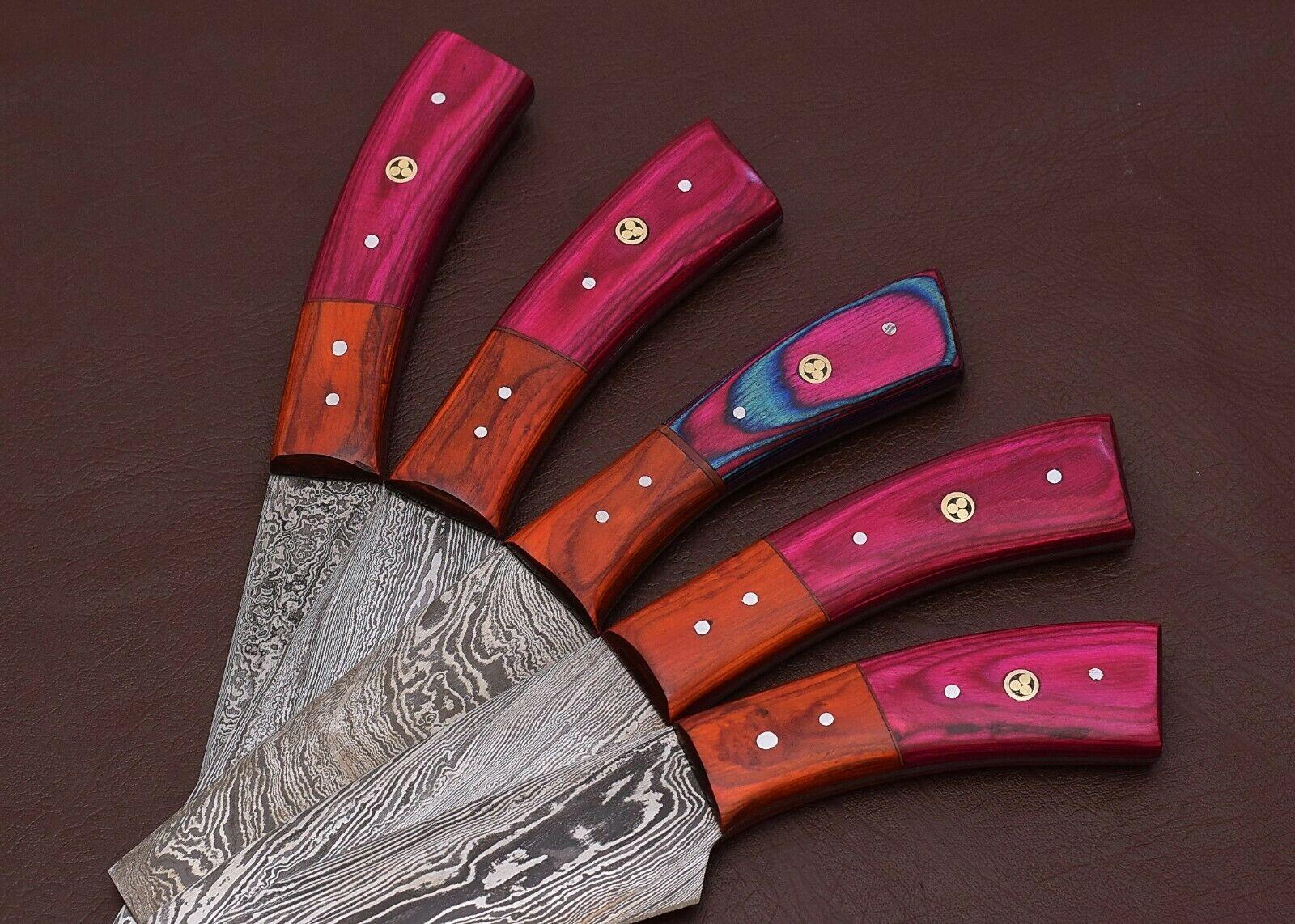 5Piece Handmade Damascus Steel Kitchen Knife Set  Forged Chef Knives With Leather Sheath 1