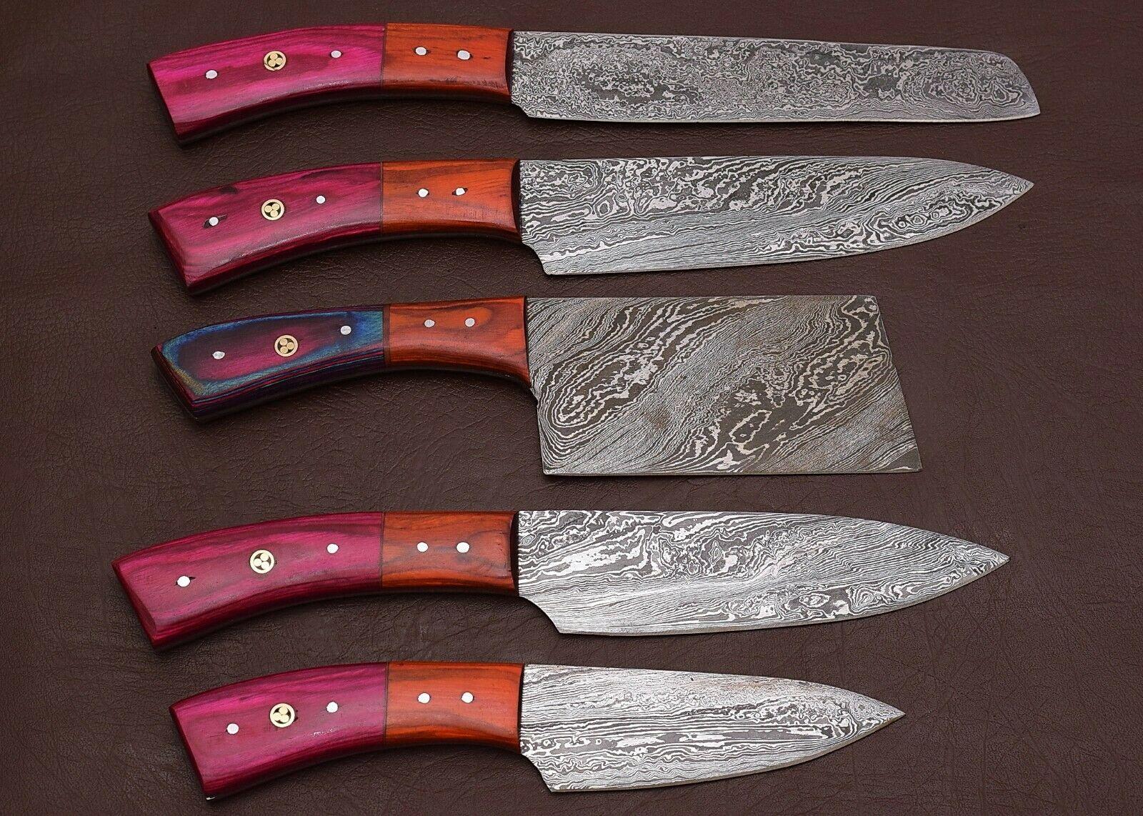 5-Piece Handmade Damascus Steel Kitchen Knife Set | Forged Chef Knives with Leather Sheath