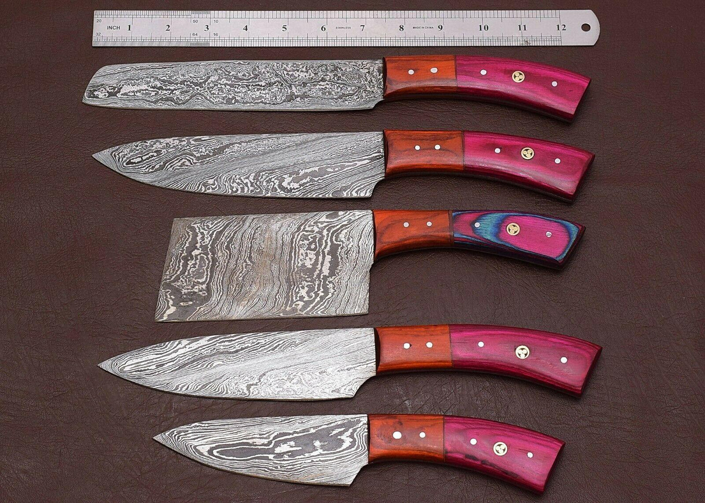 5Piece Handmade Damascus Steel Kitchen Knife Set  Forged Chef Knives With Leather Sheath 2