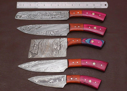 5Piece Handmade Damascus Steel Kitchen Knife Set  Forged Chef Knives With Leather Sheath 2