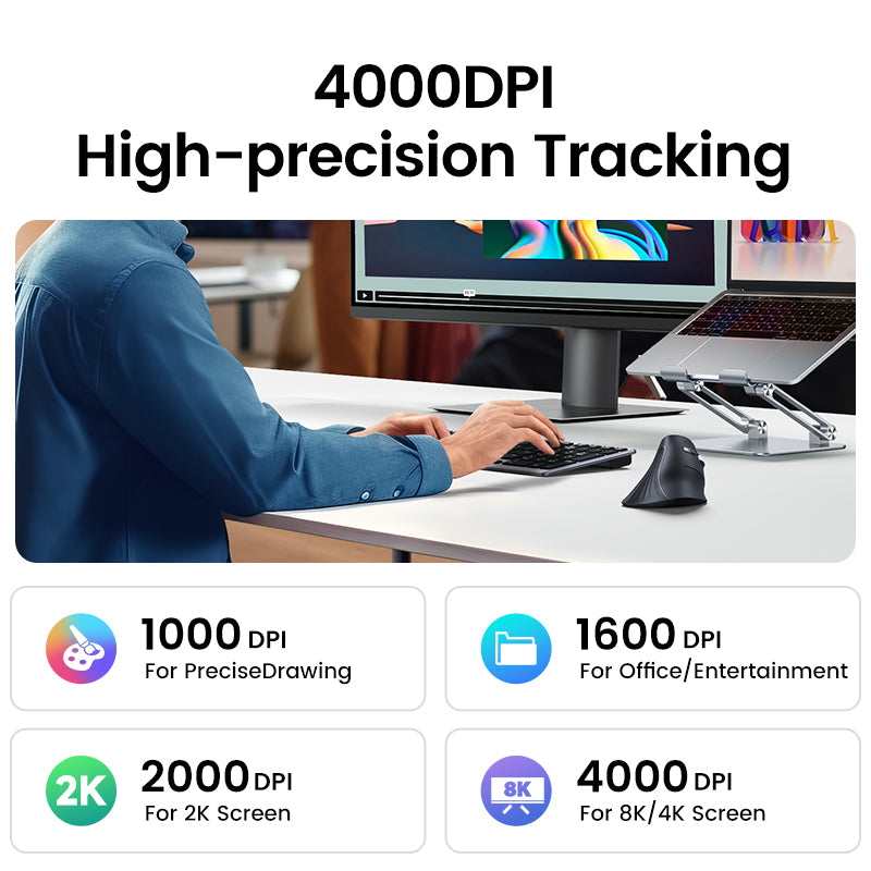 Ergonomic Vertical Mouse Wireless Bluetooth5.0 2.4G, 6 Mute Buttons, 4000DPI for MacBook Laptop PC