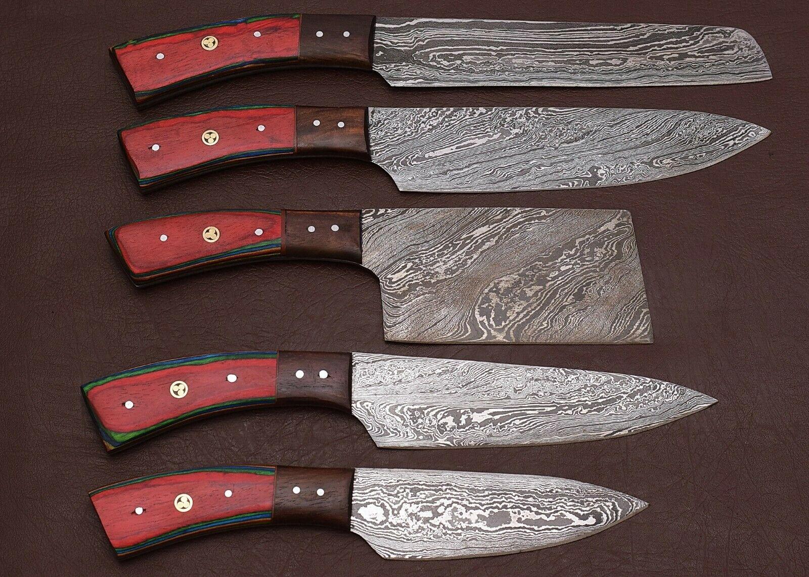 Professional Custom Damascus Steel Chef Knife Set  5Pc Handmade Kitchen Knives Wood Handle 2