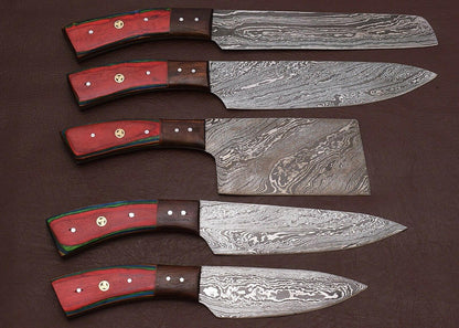 Professional Custom Damascus Steel Chef Knife Set  5Pc Handmade Kitchen Knives Wood Handle 2