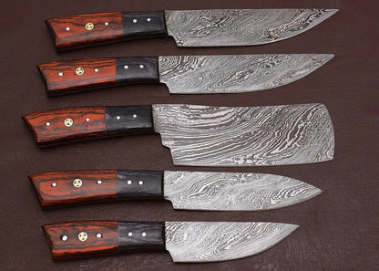 Handmade Damascus Chef Knife Set Of 5  Forged Kitchen Knives With Leather Sheath 2