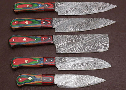 Handcrafted Damascus Steel Chef Knife Set Of 5  Durable Wooden Handle Knives 2