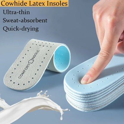 Comfortable Latex Cowhide Insoles with Arch Support Thin Soft Sports Shoe Pad for Shock Absorption, Breathable