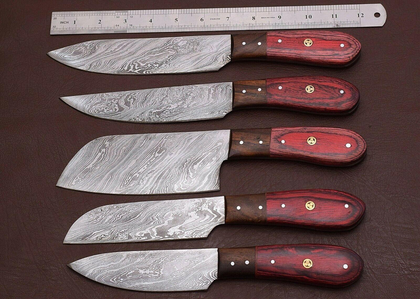 Damascus Steel Kitchen Cutlery Set | 5Pc Handmade Chef Knives with Sheath