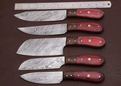 Damascus Steel Kitchen Cutlery Set | 5Pc Handmade Chef Knives with Sheath