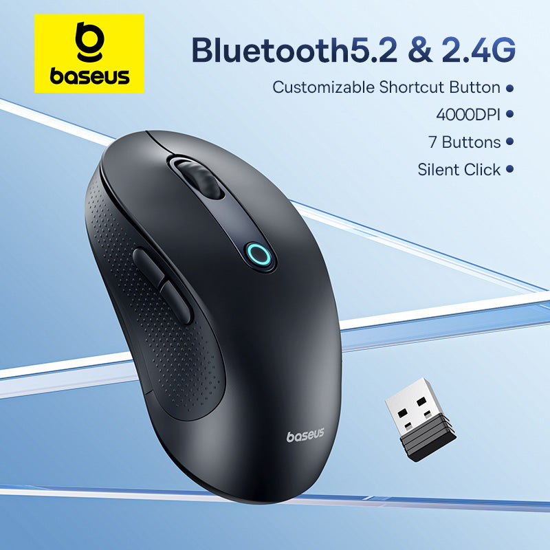 Wireless Mouse Baseus F02 Bluetooth 5.2, 2.4G, 4000DPI, Ergonomic 7 Mute Buttons, Mice for MacBook, iPad, Tablet, Laptop