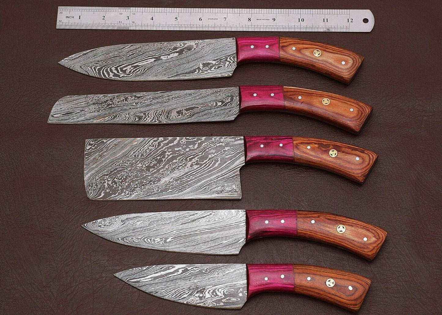 Forged Damascus Steel Kitchen Knife Set | Professional 5 Piece Chef Set