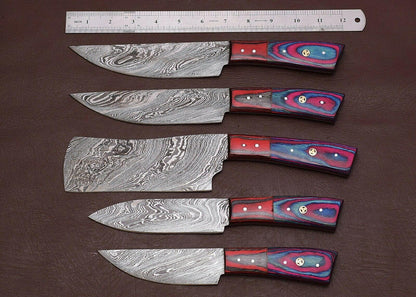 Artisan Damascus Steel Chef Knives Set of 5 | Hand Forged Kitchen Cutlery