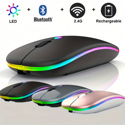 Rechargeable RGB Wireless Mouse, Dual Mode Bluetooth & 2.4GHz, Silent Click Ergonomic for PC iPad Laptop Cell Phone TV