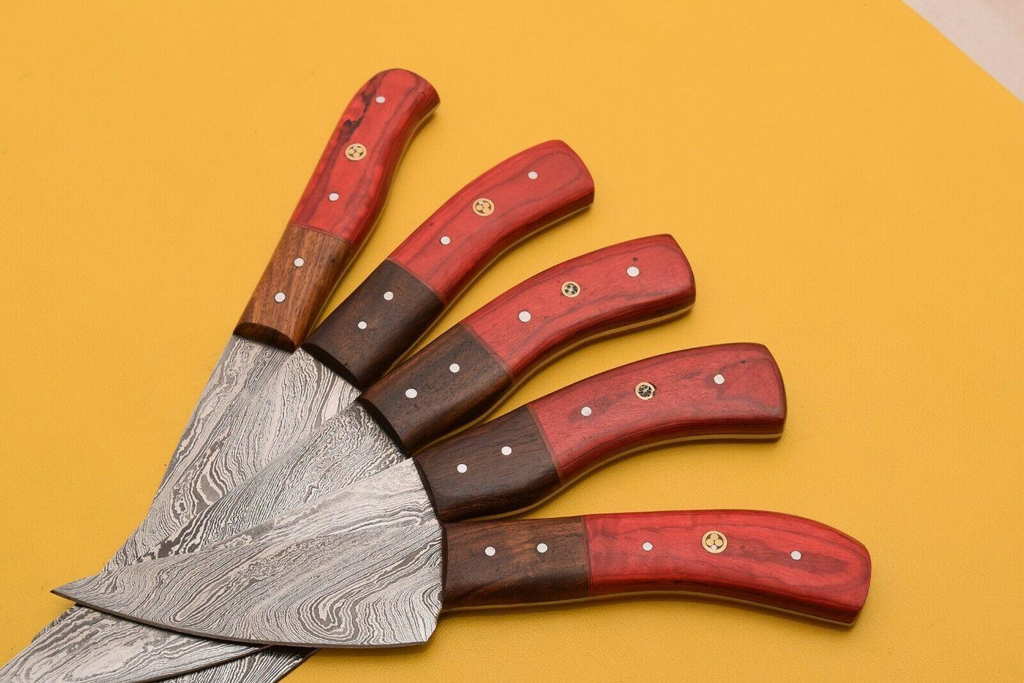 Handmade Damascus Chef Knife Set Lot Of 5  Dollar Wood Handle With Leather Sheath 3