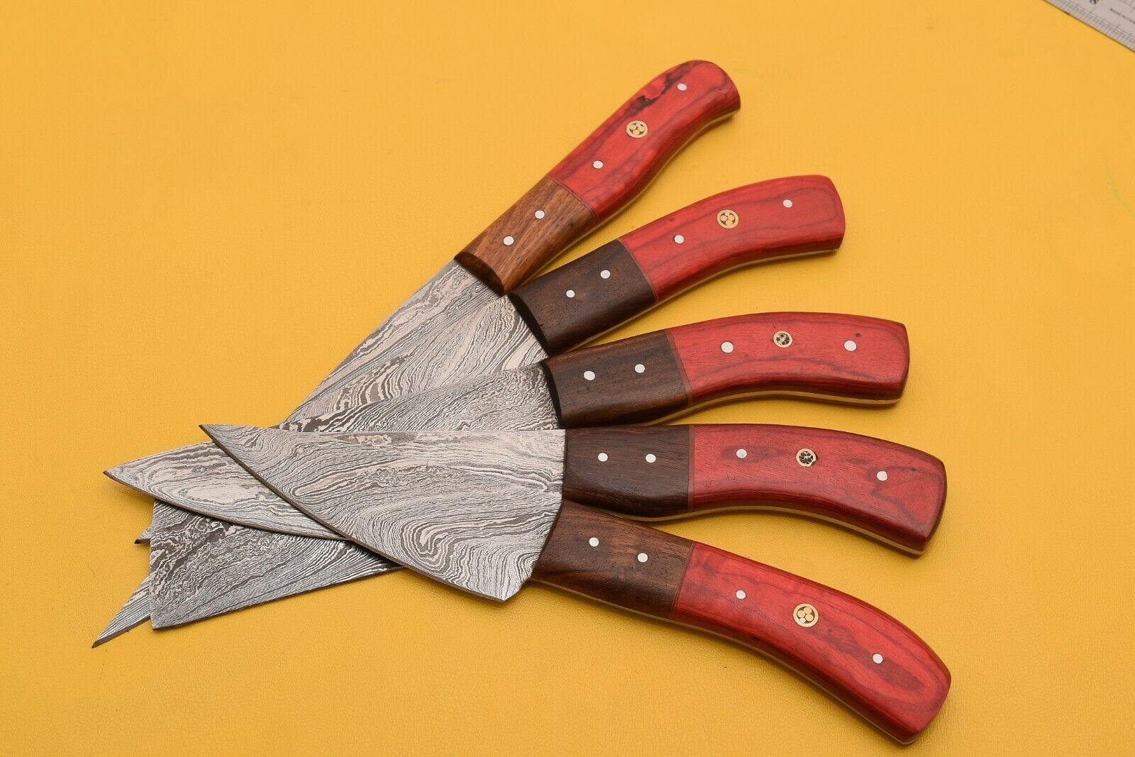 Handmade Damascus Chef Knife Set Lot Of 5  Dollar Wood Handle With Leather Sheath 2
