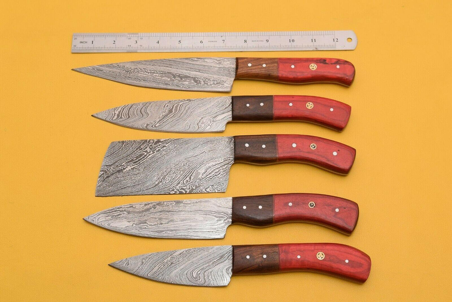 Handmade Damascus Chef Knife Set Lot Of 5  Dollar Wood Handle With Leather Sheath 1