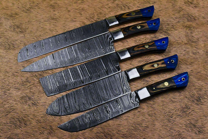 Damascus Steel Chef Knife Collection – 5 Pc Handmade Kitchen Set
