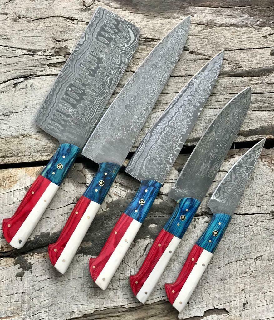 Handmade Damascus Chef Knives 5 Piece Set with Leather Sheath