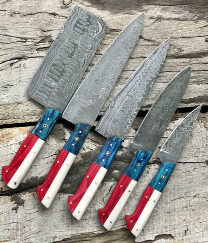 Handmade Damascus Chef Knives 5 Piece Set with Leather Sheath