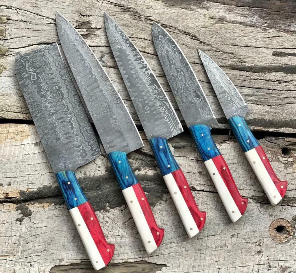 Handmade Damascus Chef Knives 5 Piece Set With Leather Sheath 1