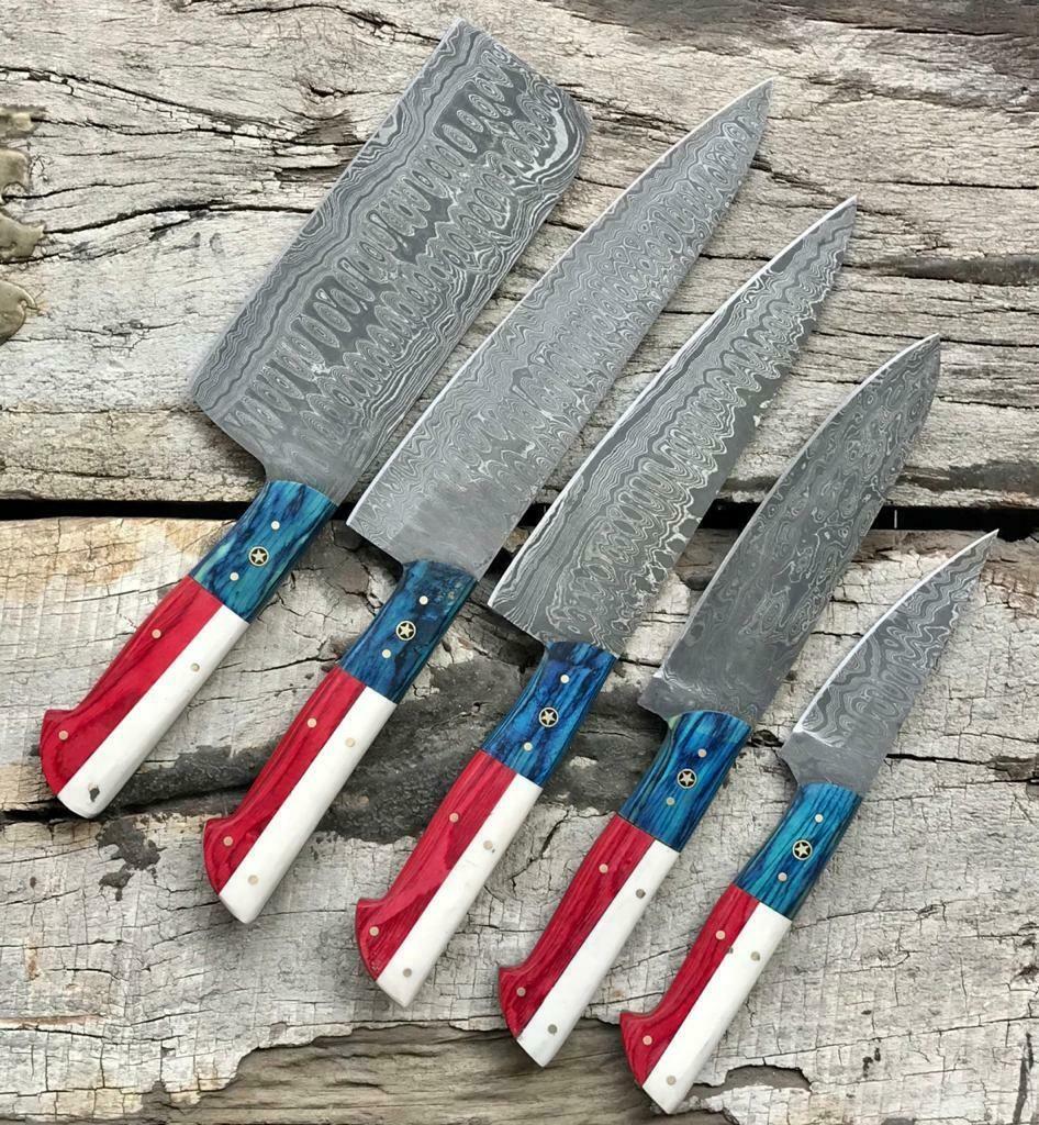 Handmade Damascus Chef Knives 5 Piece Set With Leather Sheath 2