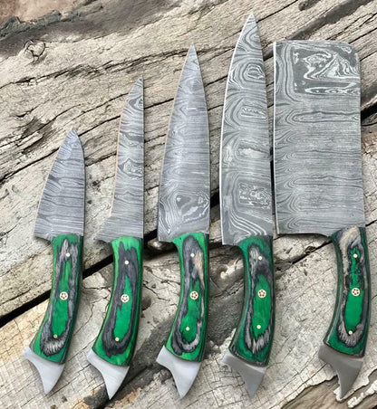 Damascus Steel Chef Knife Bundle  5 Pc Professional Handmade Set 1
