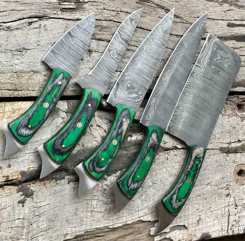 Damascus Steel Chef Knife Bundle  5 Pc Professional Handmade Set 2