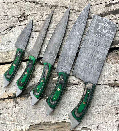 Damascus Steel Chef Knife Bundle  5 Pc Professional Handmade Set 3